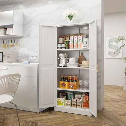 60" Tall Kitchen Pantry Storage Cabinet with Doors and 3 Shelves, Metal Storage Cabinets, White Kitchen Cupboard with Gold Handles, Utility Large Food Cabinet for Pantry, Living Room, Dining