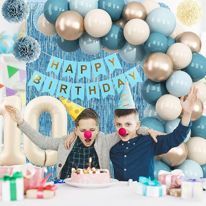 Dusty Blue 10th Birthday Party Decorations Boys Girls Beige Cream Number 10 Balloon with Blue Gold Happy Birthday Banner Fringe Curtain Paper Pom Poms Nude White Sand Champagne Star Foil Balloons
