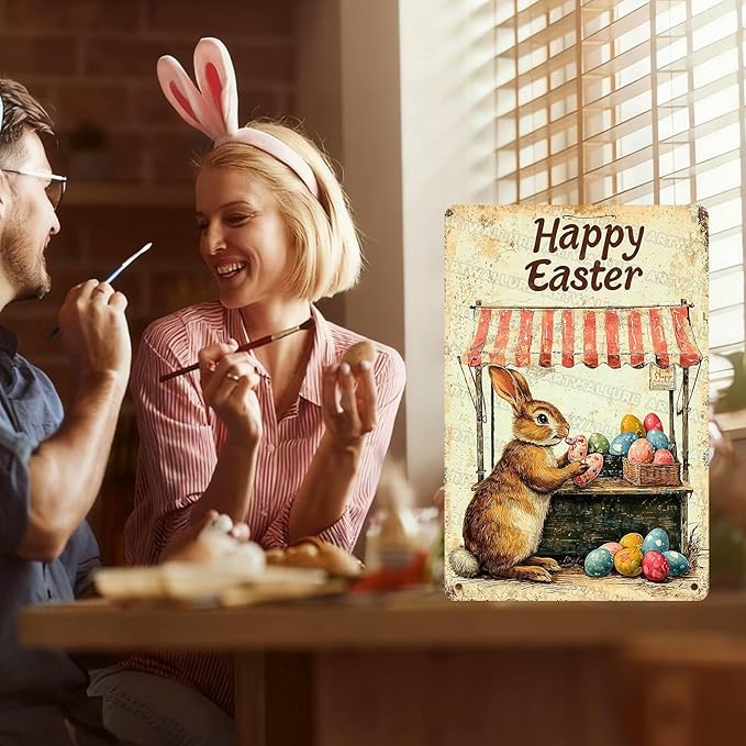Metal Tin Sign Happy Easter Bunny Signs Vintage Wall Art Decor For Backyard Home Living Room Easter Garden Vintage Wall 8x12Inch