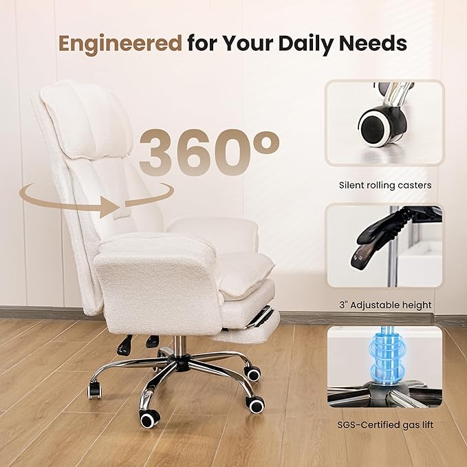 Big and Tall Office Chair, Flip Armrests for Pets & Cross Legged Sitting, Executive Ergonomic Computer Gaming Chair with Foot Rest, Teddy Fleece Wide Seat Reclining Desk Chair, Pink