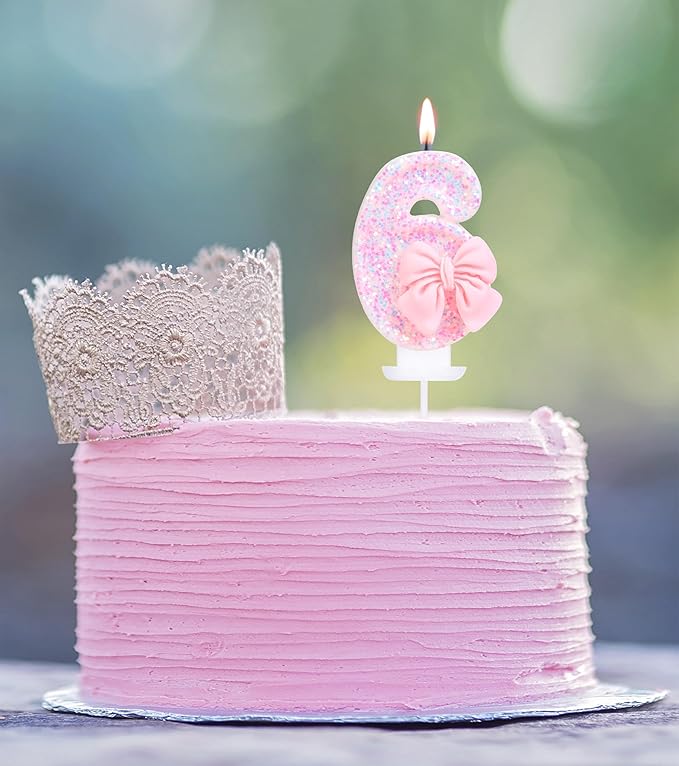 6 Birthday Candle with Pink Sequins and Bowtie, Pink Number 6 Candle Birthday Girl Pastel Sweet Theme 6th Birthday Party or Adults Milestone Age Decoration