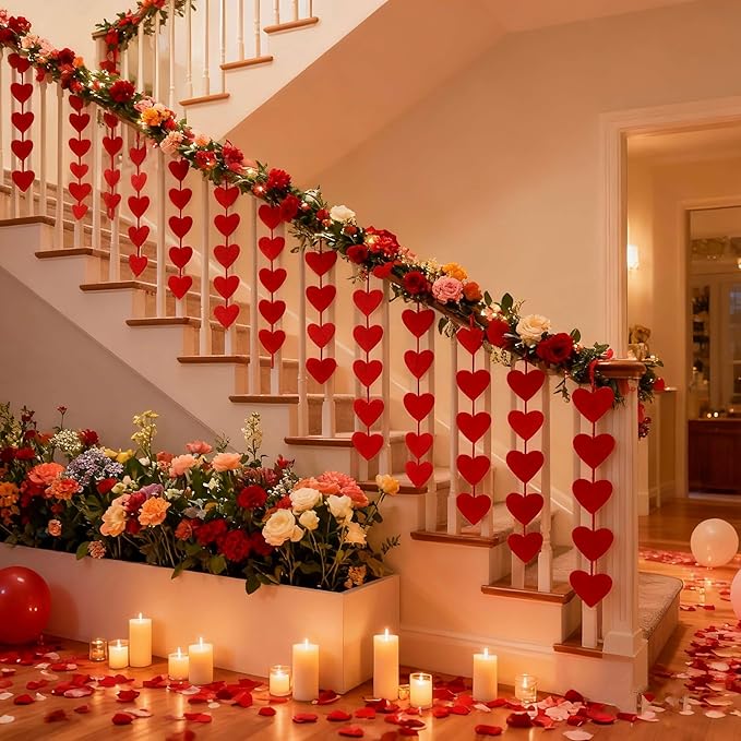 72 Felt Heart Garland, Pre-Strung Red Heart Decor for for Valentines Day Decorations, Wedding, Anniversary, Birthday, Backdrop for Office, Classroom, Vaday Party Props