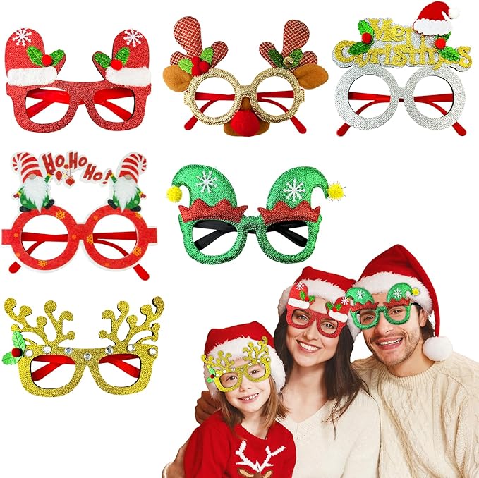 Christmas Glitter Glasses 6 Pack, Xmas Eyeglasses Frame Party Gifts Accessories - One Size Fits All, Holiday Party Favors Supplies Game Prizes, Christmas Decorations Photo Props for Costume