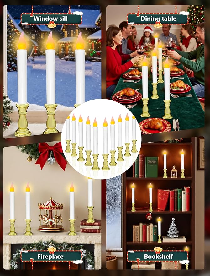 10 Pcs Battery Operated LED Window Candles with Timer, 10'' Flameless Flickering Christmas Window Candles with Suction Cups, Gold Base Taper Candlesticks Lights for Christmas Window Table Decorations