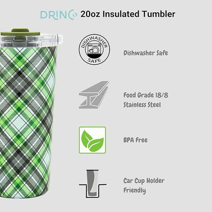 Drinco - 20 oz Stainless Steel Tumbler | Double Walled Vacuum Insulated Mug With Lid, 2 Straws, For Hot & Cold Drinks (20oz Ireland Plaid)