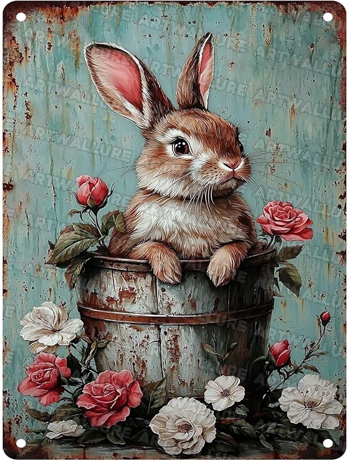Easter Vintage Rabbit Metal Tin Sign Rustic Bunny Art Sign Farmhouse Decor For Home Garden Garage Garden artistry Decor 12x16Inch