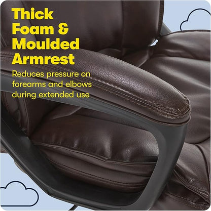 Serta® Hannah Executive Home Office Desk Chair, Ergonomic Mid-Back with Lumbar Support, Firm Seat Cushion, Layered Body Pillows, Padded Armrests, Swivel Base, Easy Assembly, Bonded Leather, Brown