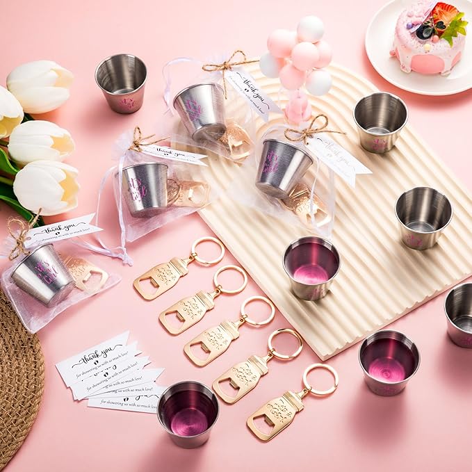 Vesici 25 Sets Baby Shower Party Favors Bottle Openers Keychains Stainless Steel Shot Thank You Tags Organza Bags Gender Reveal Favors for Guests Wedding Baby Shower Return Gift Girl Boy (Girl)