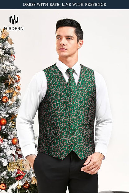 HISDERN Men's Suit Vest Christmas Holiday Season Party Jacquard Waistcoats Necktie Pocket Square Vest Suit Set