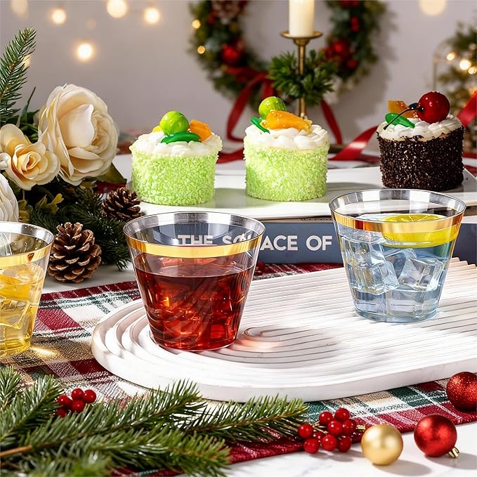 WELLIFE 200 PCS Gold Plastic Cups,9 oz Clear Plastic Cups,Disposable Wine Glasses,Plastic Cocktail Glasses for Party and Wedding