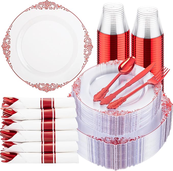 Hioasis 350pcs Clear Red Plastic Plates - Elegant Disposable Dinnerware Set Suitable for 50 Guests Include 10.25" Dinner & 7.5" Dessert Plates, Pre Rolled Silverware Set, Cups for Party & Wedding