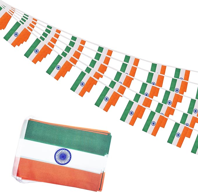 India Small String Flags, 50 Feet 38 Pcs Indian Pennant Banner Bunting Flags, Patriotic Events, Independence Day, Country Festival, Commemoration, Decorations (India)