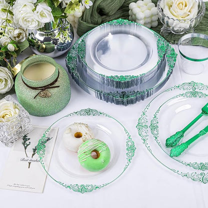 Hioasis 175pcs Clear Green Plastic Plates - Elegant Disposable Dinnerware Set Suitable for 25 Guests Include 10.25" Dinner & 7.5" Dessert Plates, Pre Rolled Silverware Set, Cups for Party & Christmas