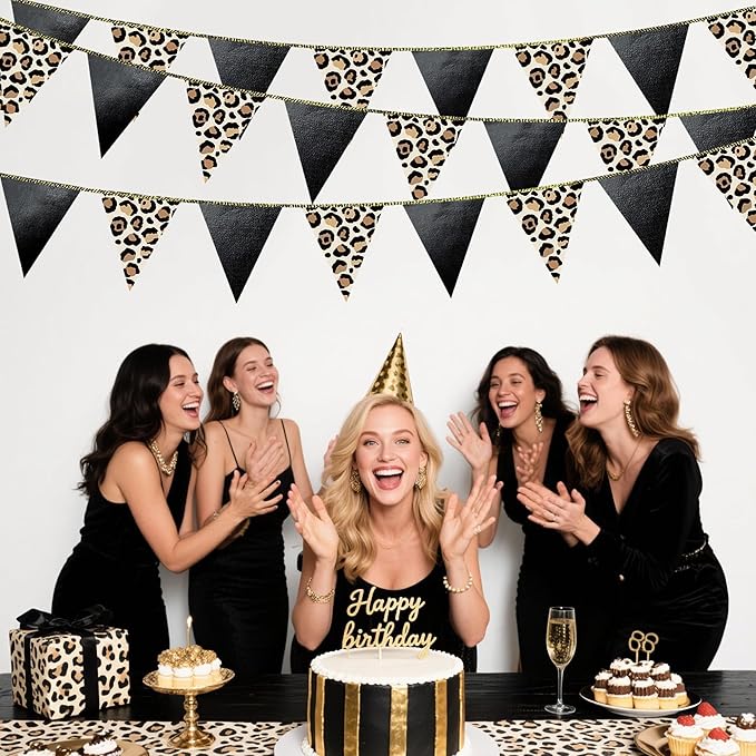 Leopard Black Pennant Banner Flag Hanging Paper Triangle Bunting for Cheetah Leopard Print Animal Theme Leopard Birthday Baby Shower Bachelorette Bridal Shower Wedding Party Decorations Supplies