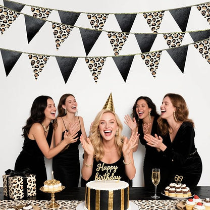 Leopard Black Pennant Banner Flag Hanging Paper Triangle Bunting for Cheetah Leopard Print Animal Theme Leopard Birthday Baby Shower Bachelorette Bridal Shower Wedding Party Decorations Supplies