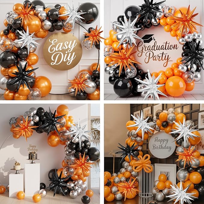 Black Orange Silver Star Balloons,9Pcs 22Inch Black Silver Orange Explosion Spike Cone Helium Polyester Film Star Foil Balloons for Halloween Birthday Anniversary Baby Shower Party Decorations