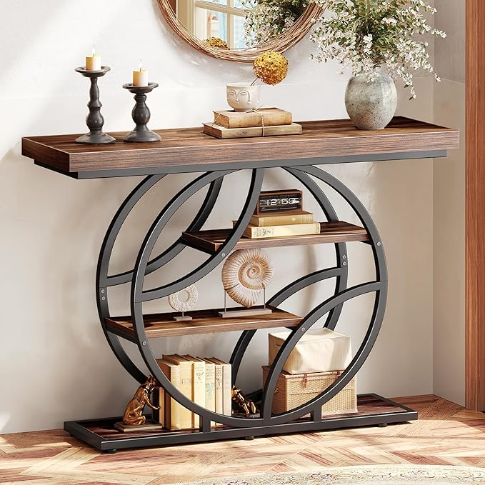 Huuger 41.3 Inch Entryway Table, Modern Console Sofa Table, Accent Table with Shelves, for Entry, Hallway, Entrance, Foyer, O-Shaped Metal Frame, Dark Walnut