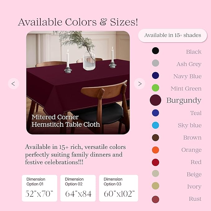 Burgundy Wine Tablecloth, 100% Cotton, 60x86 Inch, Fits 6-8 Seats, Soft, Washable, Wrinkle Resistant, Rectangle Dining Table Cover for Anniversaries, Decor, Holiday, Dinner, Events