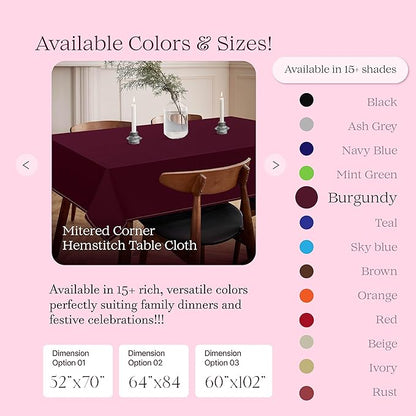Burgundy Wine Tablecloth, 100% Cotton, 60x86 Inch, Fits 6-8 Seats, Soft, Washable, Wrinkle Resistant, Rectangle Dining Table Cover for Anniversaries, Decor, Holiday, Dinner, Events