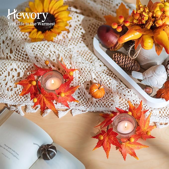 Hewory Fall Candle Holder Centerpiece: Thanksgiving Candle Holders Set of 12 with Maple Leaves Wreath & Berries, Glass Tealight Candle Holder Fall Centerpiece Table Decorations for Thanksgiving Table
