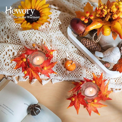 Hewory Fall Candle Holder Centerpiece: Thanksgiving Candle Holders Set of 12 with Maple Leaves Wreath & Berries, Glass Tealight Candle Holder Fall Centerpiece Table Decorations for Thanksgiving Table