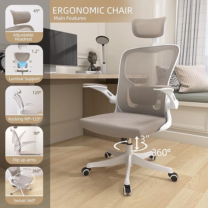 Monhey Ergonomic Office Chair, 90°-125° Tilt Back Home Desk Chair with 360° Swivel & Mute Wheels, High Back Mesh Computer Chair for Adults with Lumbar Support, 330 LBS Capacity (04White+Khaki)