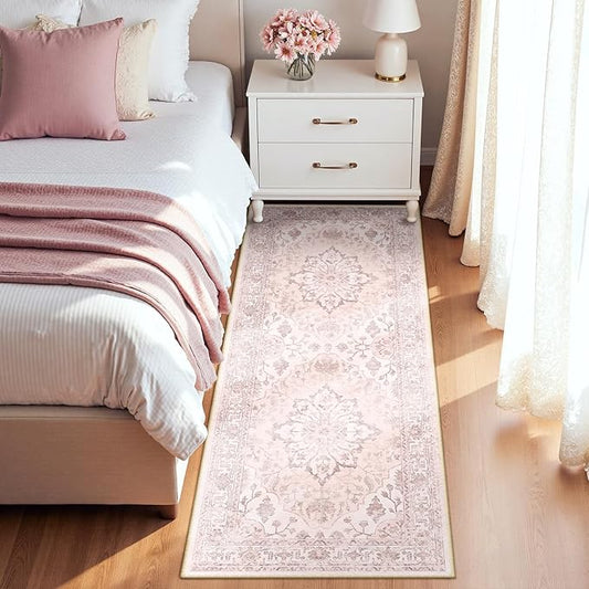 Area Rugs 2'x6' Runner Rug Non Slip Washable for Kitchen Hallway Bedroom Beside Laundry Room Bathroom Rug, Floor Carpet, Pink Greypink Cute
