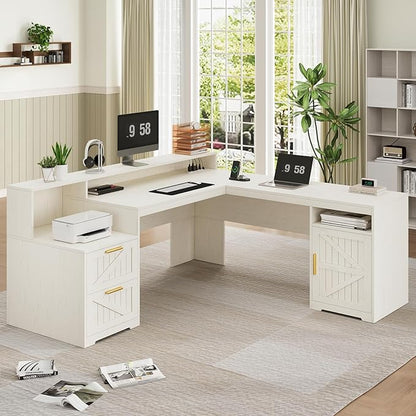 63" Farmhouse L Shaped Executive Desk with Drawers & Storage Shelf, Corner Computer Desk with Power Outlets, L Shaped Office Desk with Monitor Stand, Printer Shelf, White