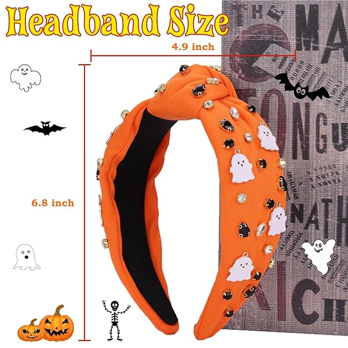 Halloween Headbands for Women, Orange Ghost Rhinestone Wide Jeweled Knotted Headband, Crystal Beaded Jeweled Top Knot Embellished Headband Hair Accessories Halloween Birthday Gift