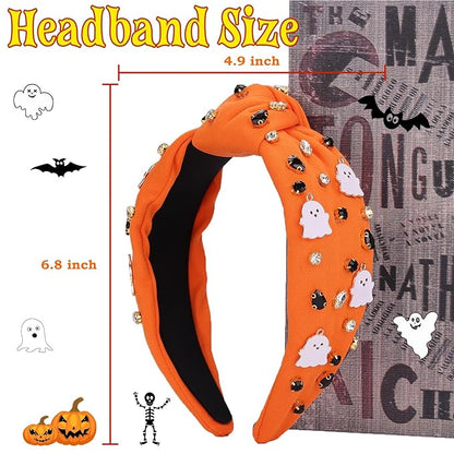 Halloween Headbands for Women, Orange Ghost Rhinestone Wide Jeweled Knotted Headband, Crystal Beaded Jeweled Top Knot Embellished Headband Hair Accessories Halloween Birthday Gift