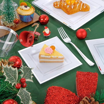Festiva 350Pcs Silver Plates - Silver Square Plastic Plates 9 .5" and 6" - serve for 50 guests include 50 Cups 50Plastic Cutlery 50Hand Napkins Perfect for Party&Wedding&Birthday&Christmas