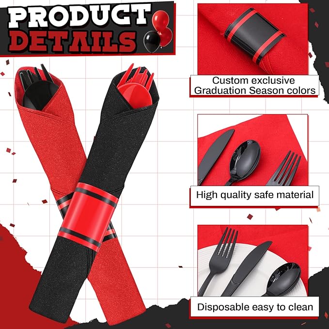 Lasnten 50 Pcs Pre-rolled Red and Black Plastic Silverware Set for 50 Guest Disposable Plastic Gothic Cutlery Set with Napkins for Red and Black Party Birthday Wedding Retirement Party Supplies