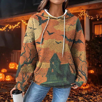 Halloween Sweatshirts for Women Novelty Graphic Drawstring Waffle Hoodies Loose Casual Pullover Tops with Pocket