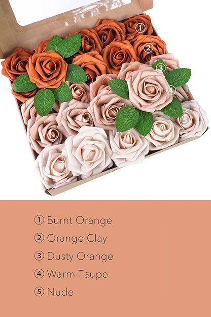25Pcs 3 Inch Artificial Foam Roses, Terracotta Sunset Palette with Burnt Orange & Nude Shades, Realistic Flowers for DIY Boho Wedding Bouquets, Centerpieces, Fall Decor