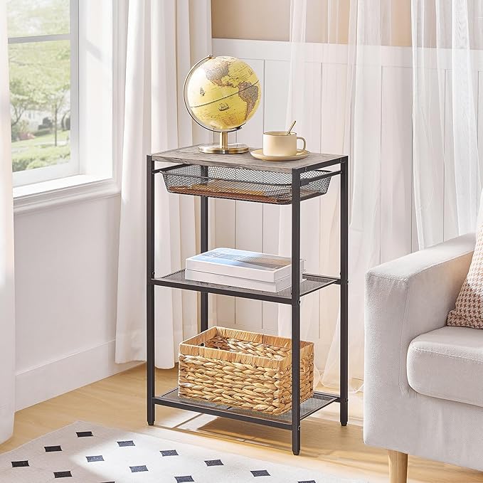 HOOBRO 28.7 Inch Tall Side Table, 3-Tier Industrial Telephone End Table with Adjustable Metal Mesh Basket, Desk Side Table with Storage Shelves, for Living Room, Bedroom, Office, Greige BG06DH01