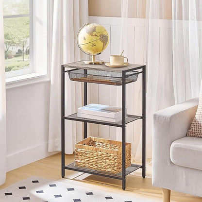 HOOBRO 28.7 Inch Tall Side Table, 3-Tier Industrial Telephone End Table with Adjustable Metal Mesh Basket, Desk Side Table with Storage Shelves, for Living Room, Bedroom, Office, Greige BG06DH01