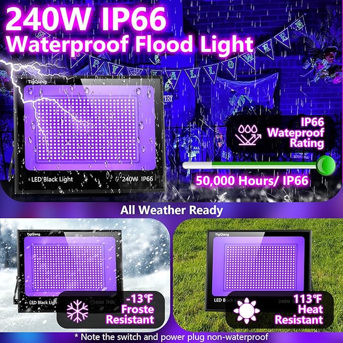 Upgraded 240W LED Black Light with 10ft Cable, IP66 Outdoor Blacklight Flood Light, Powerful Floodlight with Plug Switch for Christmas Halloween Neon Glow Dark Party Fluorescent Body Paint, 2 Pack