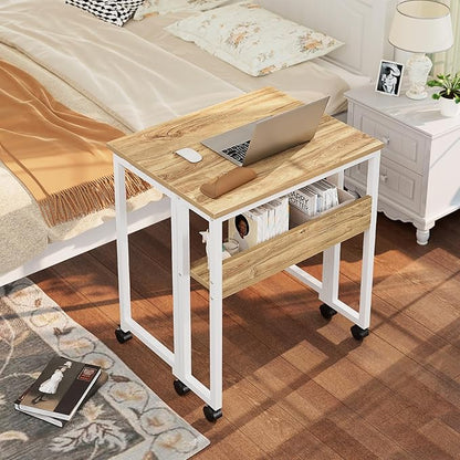 GreenForest Folding Desk Small Rolling Desk with Storage Shelf,31.5 inch Foldable Computer Desk with Wheels for Small Space, Easy Assembly,Oak