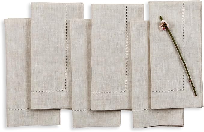 Solino Home Light Natural Linen Napkins Set of 6-100% Pure Linen Hemstitch Dinner Napkins 20 x 20 Inch for Fall, Autumn, Christmas, Holiday, New Year - Classic Hemstitch