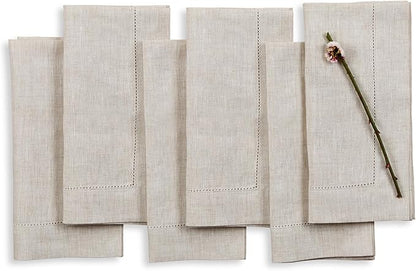 Solino Home Light Natural Linen Napkins Set of 6-100% Pure Linen Hemstitch Dinner Napkins 20 x 20 Inch for Fall, Autumn, Christmas, Holiday, New Year - Classic Hemstitch