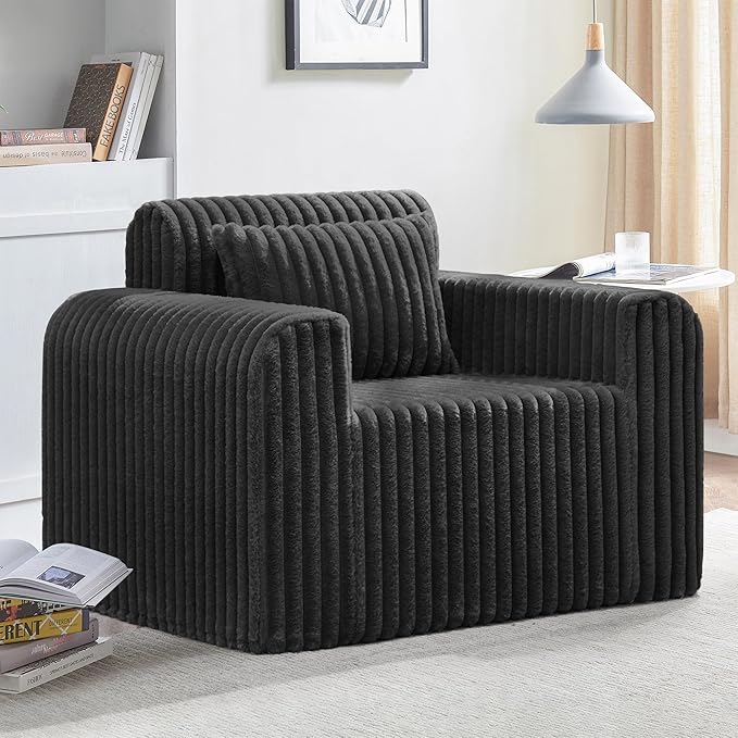 Hobestluk Single Sofa Foam Couch Sofa for Small Spaces Comfy Sofas with Removable Cover Furry Couch with Pillows for Living Room, Bedroom, Apartment, Office (Black, Standard)