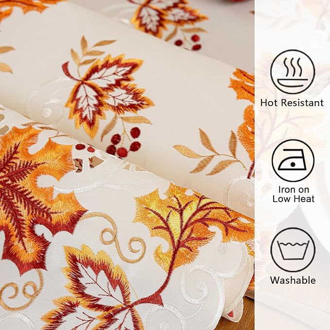 Joyfol Day Thanksgiving Table Runner 14 x 69 Inches, Cutwork Embroidered Maple Leaves Dresser Scarf, Fall Table Runners for Home Kitchen Dining, Autumn Harvest Party Tabletop Decoration
