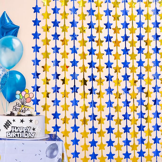 LOLStar 2 Pack Graduation Decoration 2025 3.3 x 6.6 ft Blue Gold Star Each Foil Fringe Tinsel Curtains Backdrop, Navy Blue and Gold Star Streamers for Birthdays, Retirement, Bridal Showers, Banquet