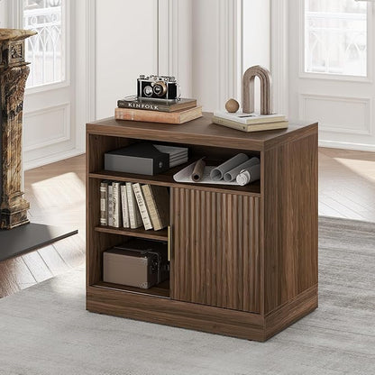 Fluted File Cabinet with Door, 32'' Lateral File Cabinet with Open Adjustable Shelves, Wood Filing Cabinet with Sliding Door for Home Office, Black Walnut