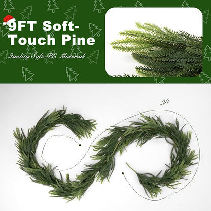 Realistic Norfolk Pine, 9FT Soft-Touch Artificial Christmas Garland for Mantle, Table, Fireplace, Wall & Xmas Decor