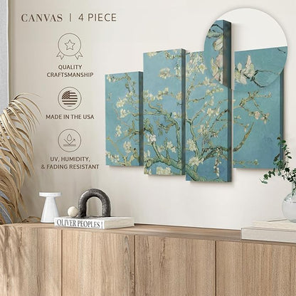 ElephantStock Almond Blossoms Wall Art - Horizontal Canvas - 4-Piece Living Room Wall Decor - Flower Painting Canvas Print - Blue and Green Decor for Wall by Vincent Van Gogh - 24" X 14"