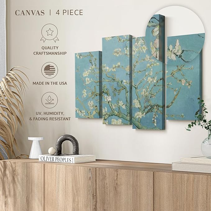 ElephantStock Almond Blossoms Wall Art - Horizontal Canvas - 4-Piece Living Room Wall Decor - Flower Painting Canvas Print - Blue and Green Decor for Wall by Vincent Van Gogh - 68" X 42"