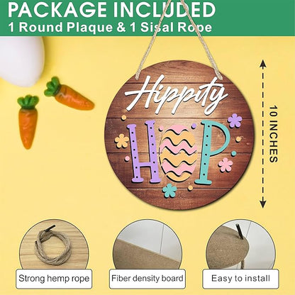 10" Easter Round Wooden Hanging Sign With Sisal Rope - Hippity Hop Wooden Plaque For Front Door, Porch, Outdoor Indoor, Farmhouse Wall Decor Party Favor & Decorations - B05
