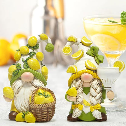 Hodao 2PCS Lemon Gnome Figurine Set - Lemon-Themed Gnome Indoor Home Decor for Summer - Small Decorative Gnomes for Kitchen, Living Room, or Shelf - Cute Ornament Set