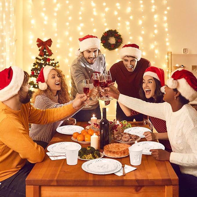 175 Pcs Merry Christmas Party Dinnerware Foil Dots Christmas Paper Plates Set Elk Disposable Xmas Plates Napkins Cups for New Year Wedding Birthday Baby Shower Party Supplies Decoration (White Silver)